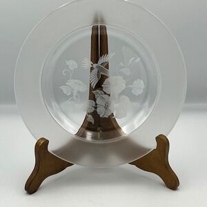 Etched Glass Plate Hummingbird Floral Design Decorative‎ Display